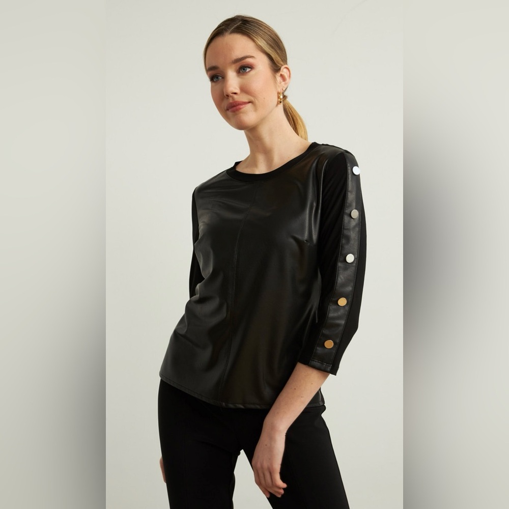 Joseph Ribkoff Women’s Black Size 12 Faux Leather Button Sleeve Top Buttons